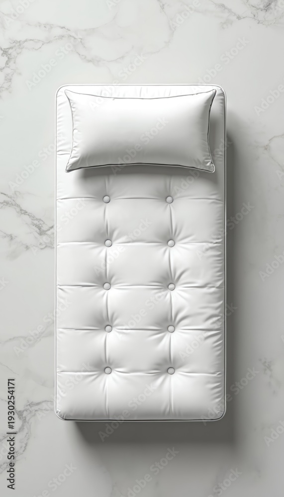 Fototapeta premium Top view of white futon mattress with button tufts and a pillow on marble surface. Simple clean design suitable for modern bedroom or lounge.