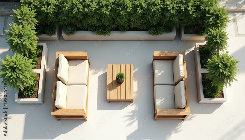 Fototapeta premium Modern outdoor furniture with light wooden frames and white cushions arranged on white patio. Rich green plants in white planters create a serene and organised garden oasis.