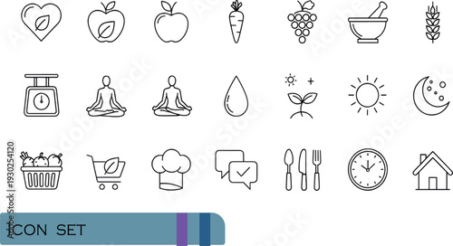 Print Minimalist Holistic Wellness and Healthy Living Icon Set Featuring Yoga Meditation Organic Nutrition Eco-Friendly Shopping and Daily Routine Symbols