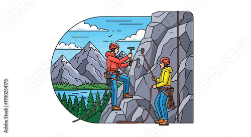 Two people rock climbing on a steep mountain face with scenic natural landscape in the background, illustrating outdoor adventure and extreme sport.