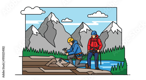 Two people in climbing gear in a mountainous landscape with a lake and trees.