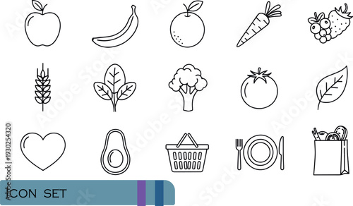Print Minimalist Healthy Eating and Grocery Shopping Icon Set Featuring Fresh Organic Produce Grains Avocado and Eco-Friendly Shopping Symbols