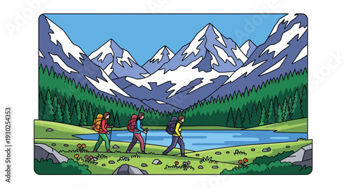 Three hikers with backpacks and trekking poles walk along a path beside a serene lake, surrounded by a dense forest and majestic snow-capped mountains under a clear sky.