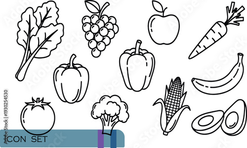 Print Minimalist Fresh Produce and Healthy Ingredients Line Icon Set Featuring Organic Fruits Vegetables Leafy Greens and Avocado