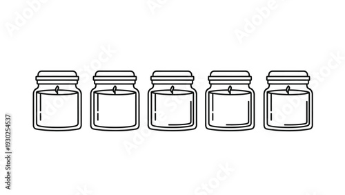 A vector illustration showcasing a simple, clean, and charming row of five identical minimalist candle jars, perfect for home decor, relaxation, and wellness graphic design projects.