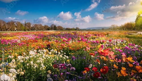 Spring Blooming Beautiful Meadow Field Full Of Flowers Of Different Colors In Full Bloom