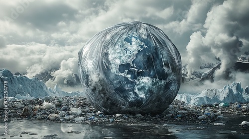 surreal image of Earth wrapped in plastic, surrounded by industrial smoke and piles of garbage with melting glaciers in background