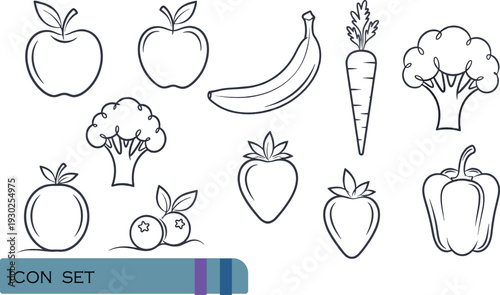 Print Minimalist Fresh Fruits and Vegetables Line Icon Set Featuring Organic Produce Like Bananas Broccoli Carrots and Bell Peppers