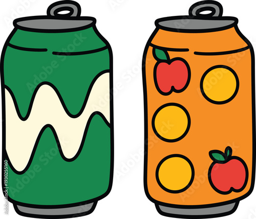 Two colorful aluminum soda cans vector illustration with refreshing fruit juice apple and orange drink flavors