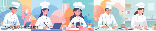 vector of female chef writing at work desk