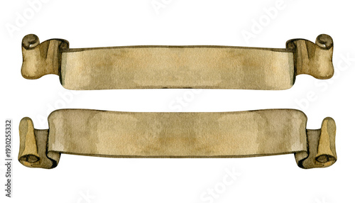 Tableau sur toile Hand-painted watercolor illustration of two vintage parchment banners with curled edges