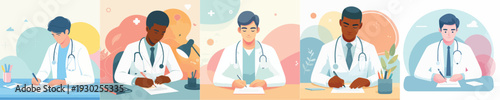 vector of a doctor writing at a desk