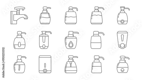 Collection of black outline vector icons depicting various styles of soap dispensers liquid pumps and a modern wall mounted faucet