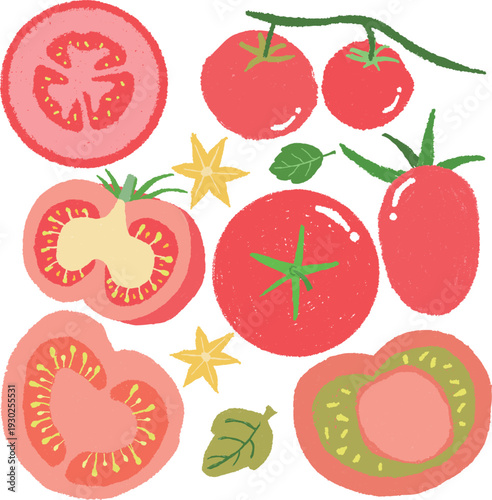 크레파스로 그린 것 같은 느낌의 과일 손그림 토마토