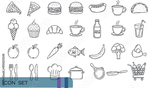Print Versatile Culinary and Kitchen Icon Set Featuring Fast Food Healthy Ingredients Cooking Utensils and Restaurant Service Symbols