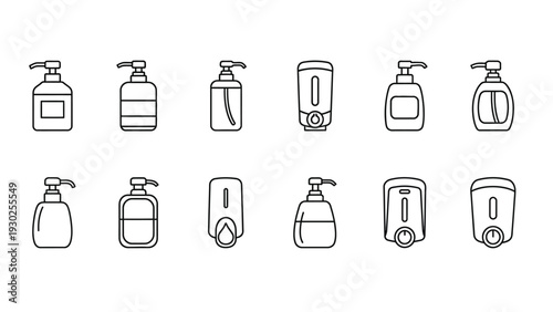 Collection of black line art vector illustrations depicting various soap dispenser designs for sanitation and hygiene concepts