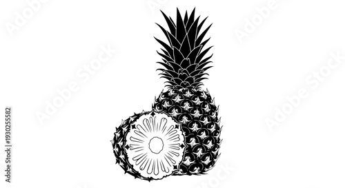 Detailed black and white illustration of a whole and a halved pineapple, showcasing the exotic tropical fruit's refreshing core and spiky exterior, perfect for health and food concepts