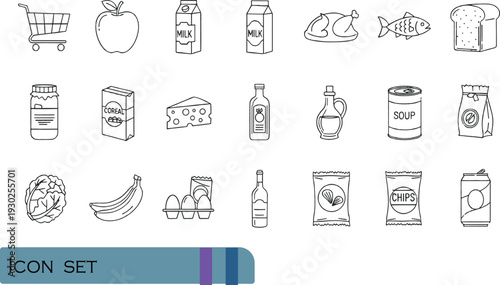 Print Supermarket Grocery Shopping Icon Set Featuring Food Items Dairy Products Beverages and Packaging Symbols