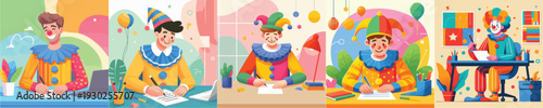 clown vector writing at work desk