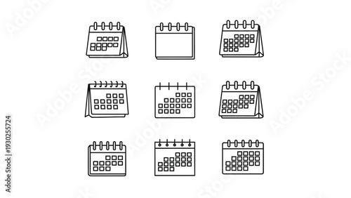 Collection of nine distinct black and white vector graphic illustrations representing various styles of desk calendars for scheduling and planning purposes