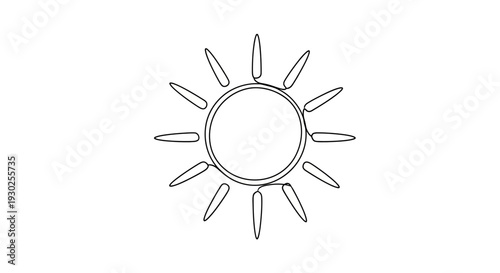 Minimalist Sun Drawing, Simple Line Art, Bright Sunshine Icon, White Background