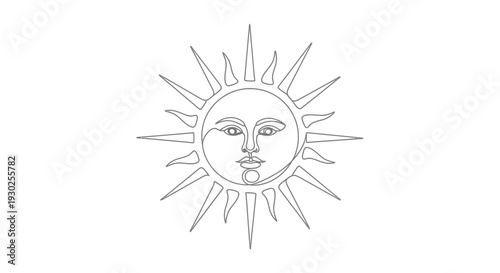 Minimalist Sun Face Line Art Drawing, Celestial Body with Rays and Human Features