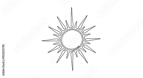 Minimalist Sun Icon Line Art Drawing, Celestial Body Symbol, Radiant Starburst Outline