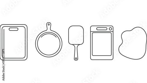 This clean vector graphic illustration presents a minimalist collection of essential kitchen tools, including various cutting boards, a baking sheet, spatula, and abstract dough shapes.