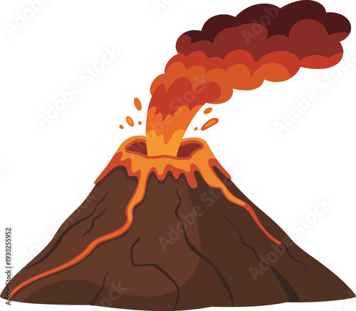 Active volcano eruption vector illustration with flowing orange lava and dark smoke clouds for geological design