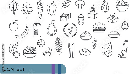 Print Comprehensive Plant-Based and Vegan Lifestyle Icon Set Featuring Organic Vegetables Plant Milk Tofu Meat Alternatives and Eco-Friendly Food Symbols