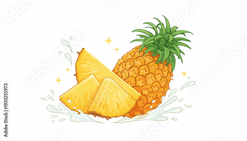 Fresh pineapple slices and whole fruit with green leaves, splashing water droplets, and sparkling stars in a lively illustration