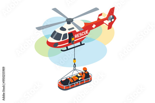 Helicopter rescue operation saving person in stretcher.