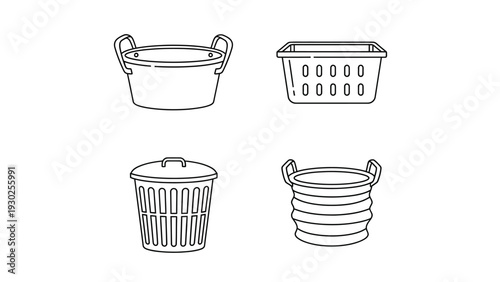 Collection of four distinct household storage and transport containers represented as simple black and white outline vector graphic illustrations