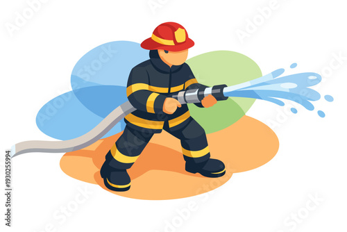 Firefighter in uniform spraying water from hose.