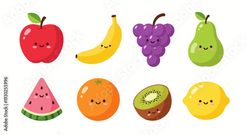 Cute cartoon fruits collection, healthy and vibrant illustrations of various fruits with happy faces