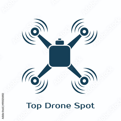 Minimalist logo design featuring stylized quadcopter drone icons with motion, with text Top Drone Spot, ideal for branding drone services or technology businesses