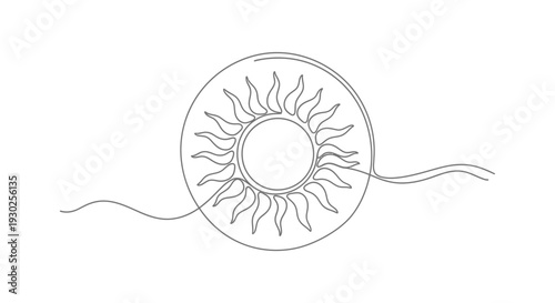Minimalist Single Line Drawing of a Radiant Sun with Wavy Lines