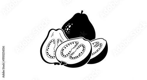 Elegant black and white illustration of sliced exotic fruit arrangement
