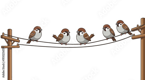 A flock of sparrows perched on power lines. Cartoon style, isolated transparent background.