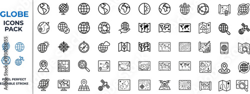 World Map and Globe Outline Vector Icon Set — Navigation, Cartography and Geolocation Editable Stroke Icons for Web and App UI