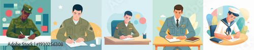 vector of soldier writing at work desk