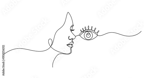 Minimalist single line drawing of a woman's face profile with an abstract eye, symbolizing vision and introspection.