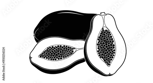 A simple illustration of a whole papaya and a papaya cut in half, showing its seeds