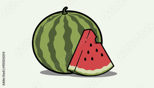 Illustration of a whole watermelon with a slice cut out, showcasing red juicy flesh and black seeds, vibrant green rind with dark stripes