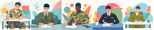 vector of soldier writing at work desk