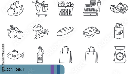Print Supermarket and Grocery Retail Icon Set Featuring Shopping Carts Fresh Produce Bakery Meat Dairy and Cash Register Symbols