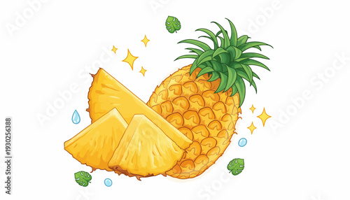 Vibrant pineapple illustration with slices and leaves surrounded by sparkles and water droplets