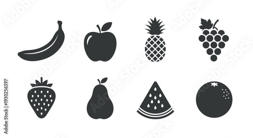 Collection of various fruits including banana, apple, and watermelon in a graphic illustration style