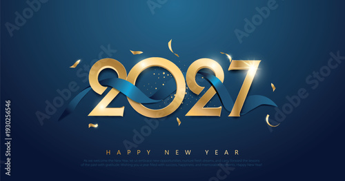 Happy New Year 2027 banner with golden text and ribbon on blue background. Vector illustration.