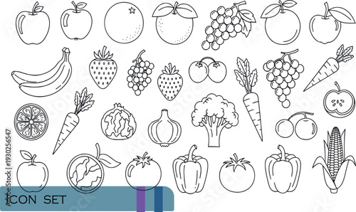 Print Hand-Drawn Style Fresh Fruits and Vegetables Icon Set Featuring Organic Garden Produce Like Grapes Apples Carrots and Corn